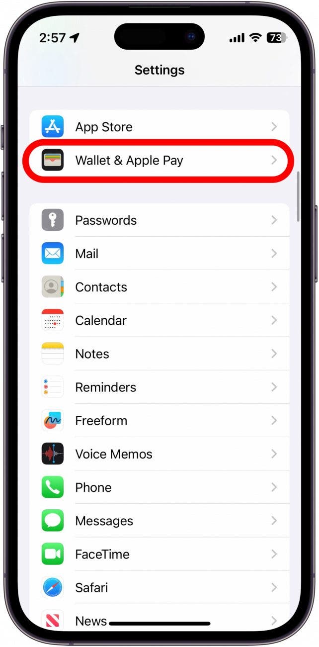 iphone settings with wallet & apple pay circled in red