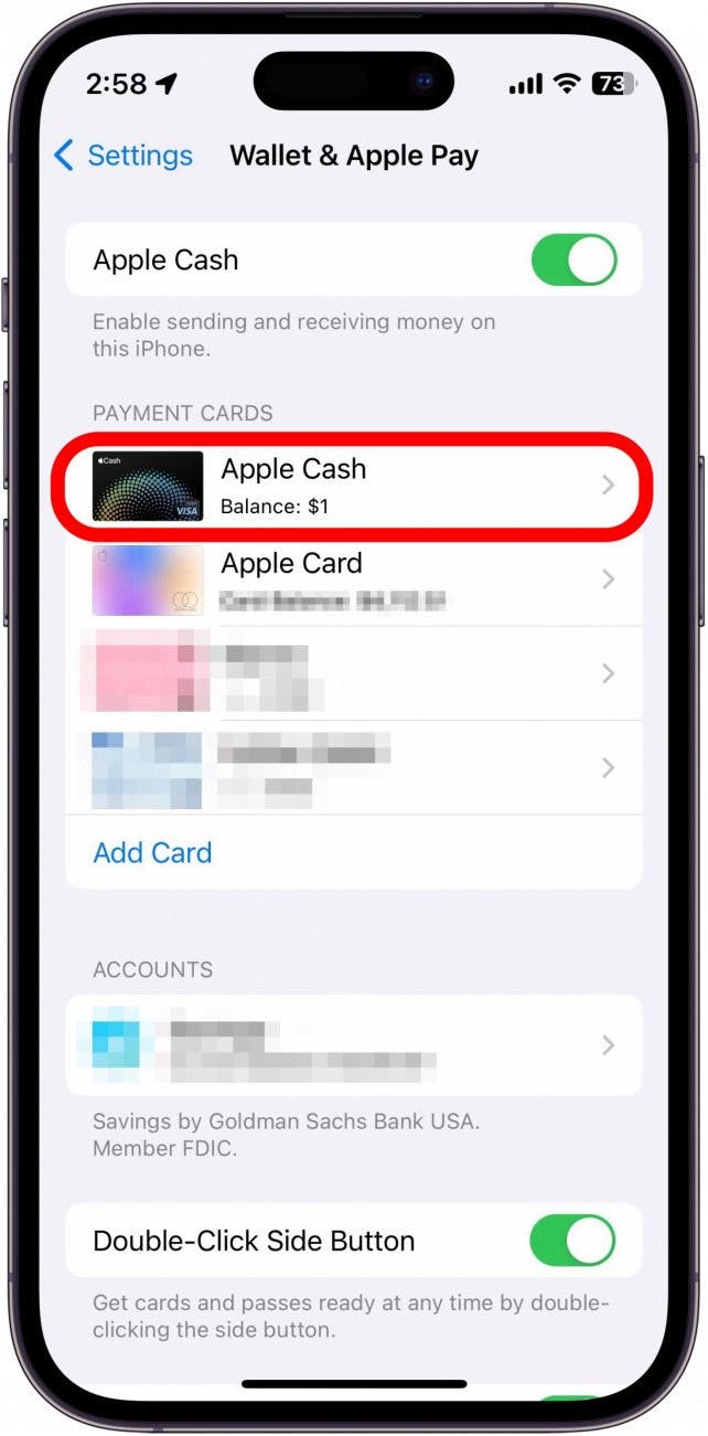 wallet and apple pay settings with apple cash option circled in red