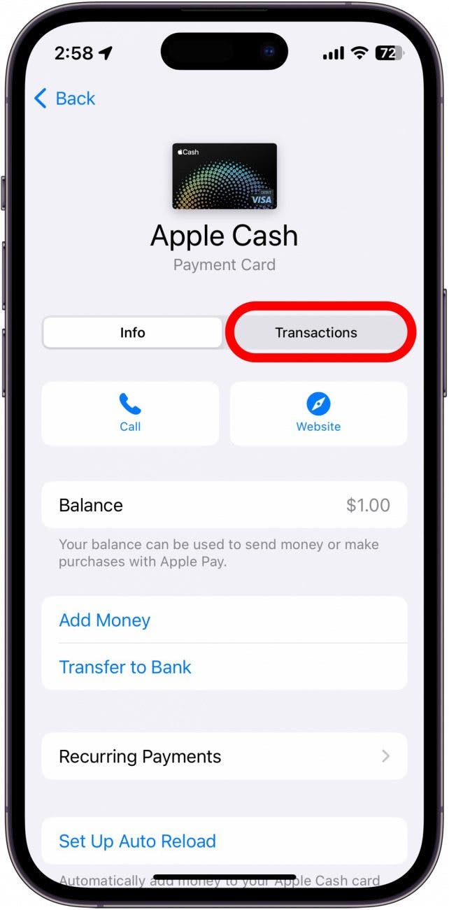 apple cash screen with transaction tab circled in red