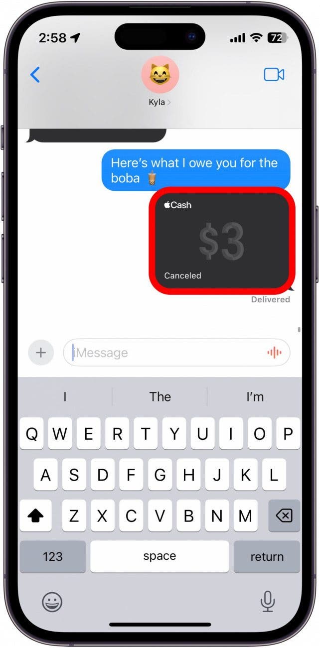 imessage screen with apple pay box that now says "canceled" circled in red.