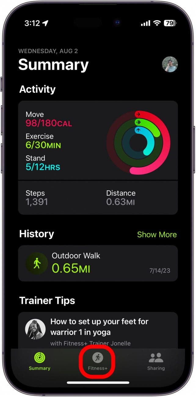 apple fitness app with fitness+ tab circled in red