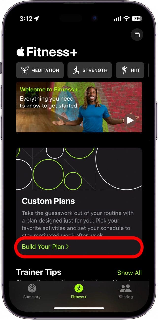 apple fitness plus app with build your plan circled in red