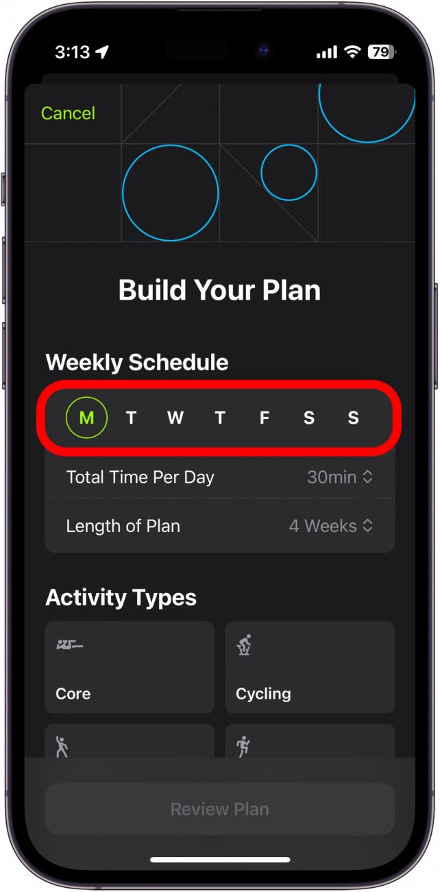 apple fitness plus plan builder with days of the week circled in red