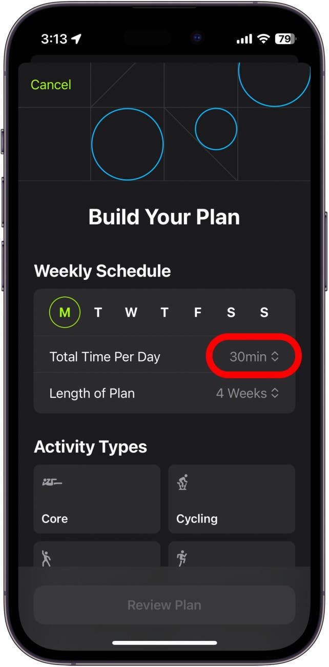 apple fitness plus plan builder with total time per day circled in red