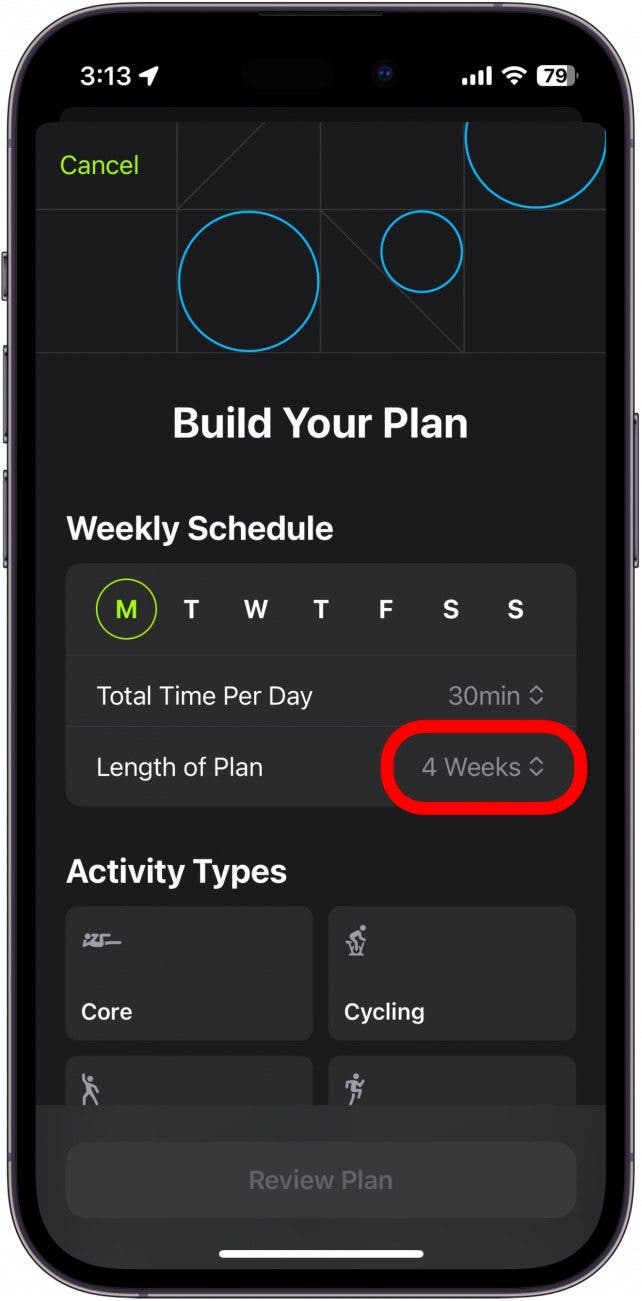 apple fitness plus plan builder with length of plan circled in red