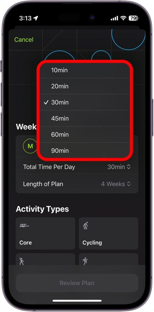 apple fitness plus plan builder with time selections circled in red