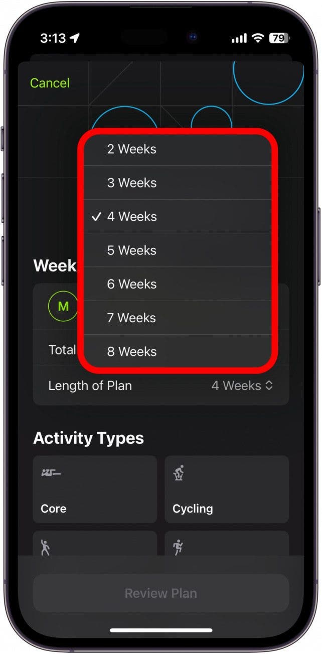 apple fitness plus plan builder with week selections circled in red