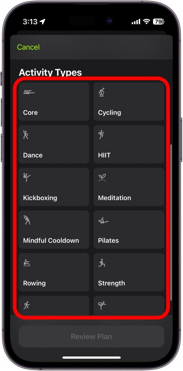 apple fitness plus plan builder with activity types circled in red