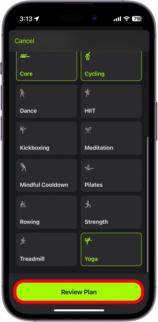 apple fitness plus plan builder with review plan button circled in red