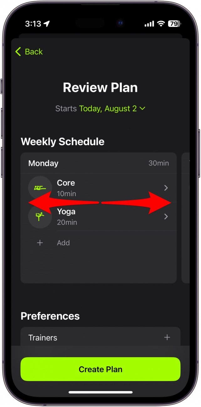 apple fitness plus plan review showing weekly schedule with red arrows pointing left and right, indicating to swipe left or right