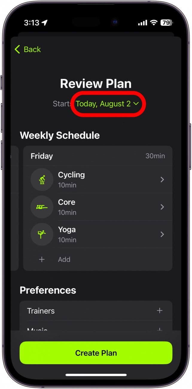 apple fitness plus plan review with start date circled in red