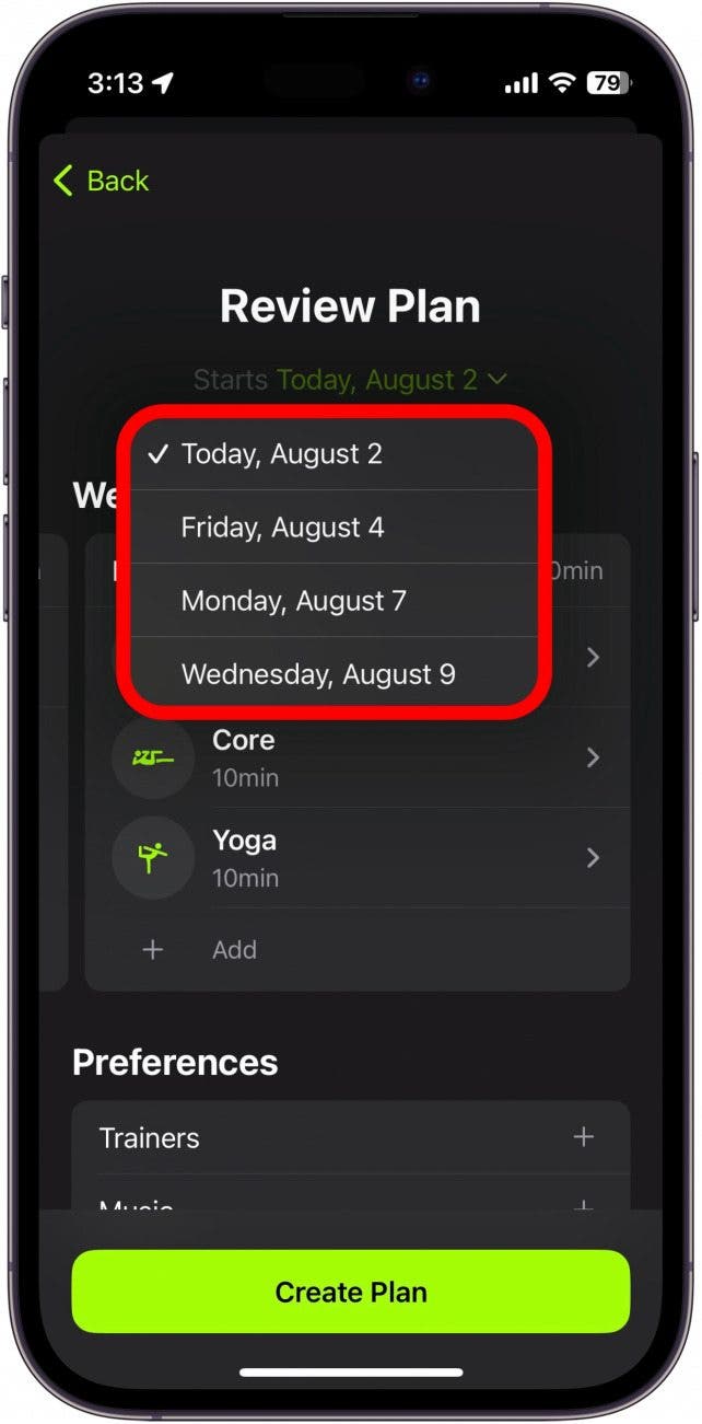 apple fitness plus plan review with start date options circled in red