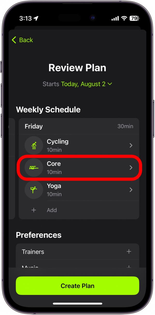 apple fitness plus plan review with core activity circled in red