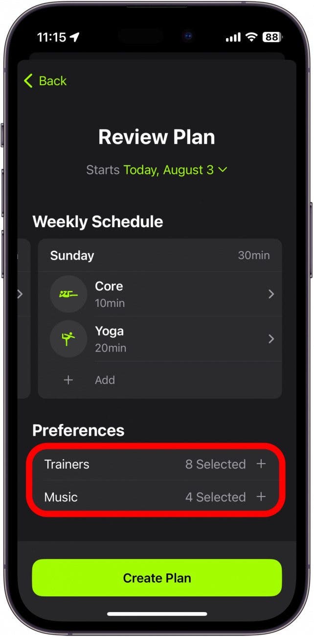 apple fitness plus plan review with trainers and music preferences circled in red