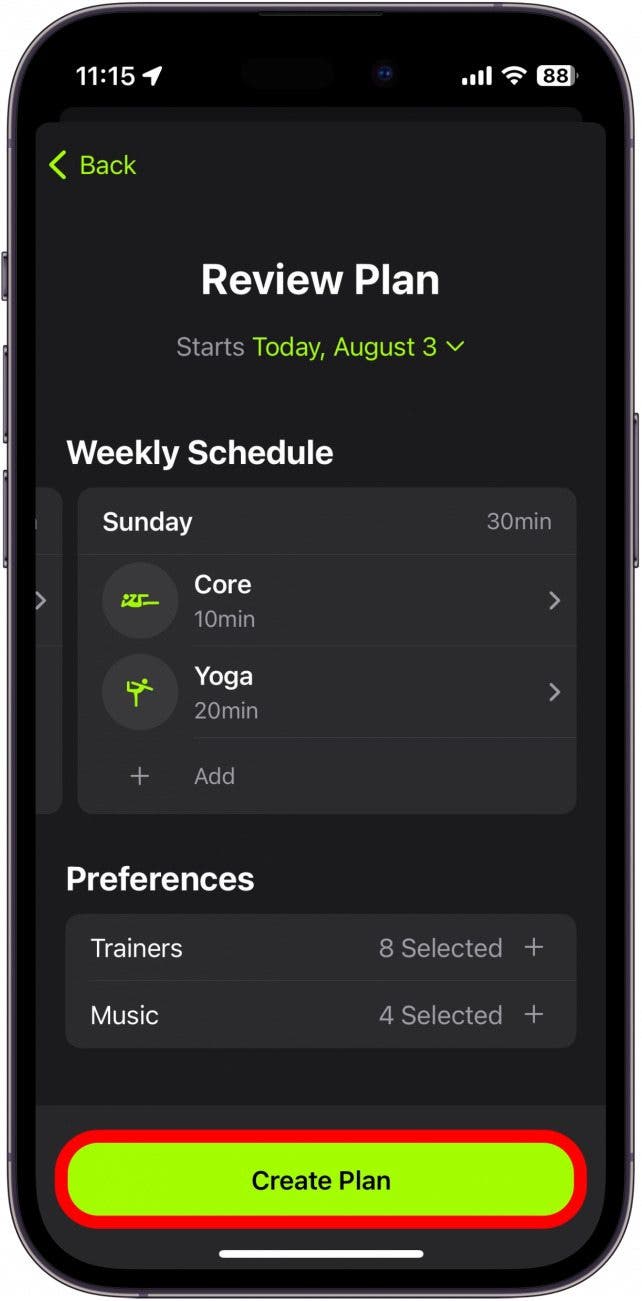 apple fitness plus plan review with create plan button circled in red