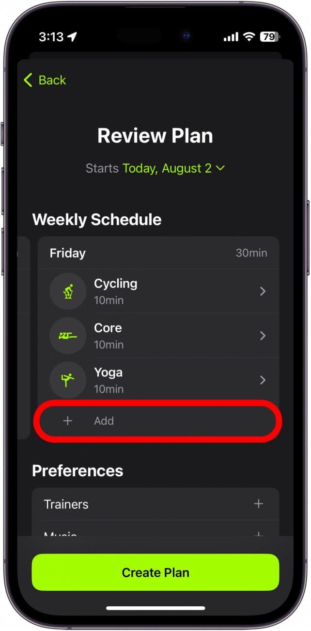 apple fitness plus plan review with add activity button circled in red