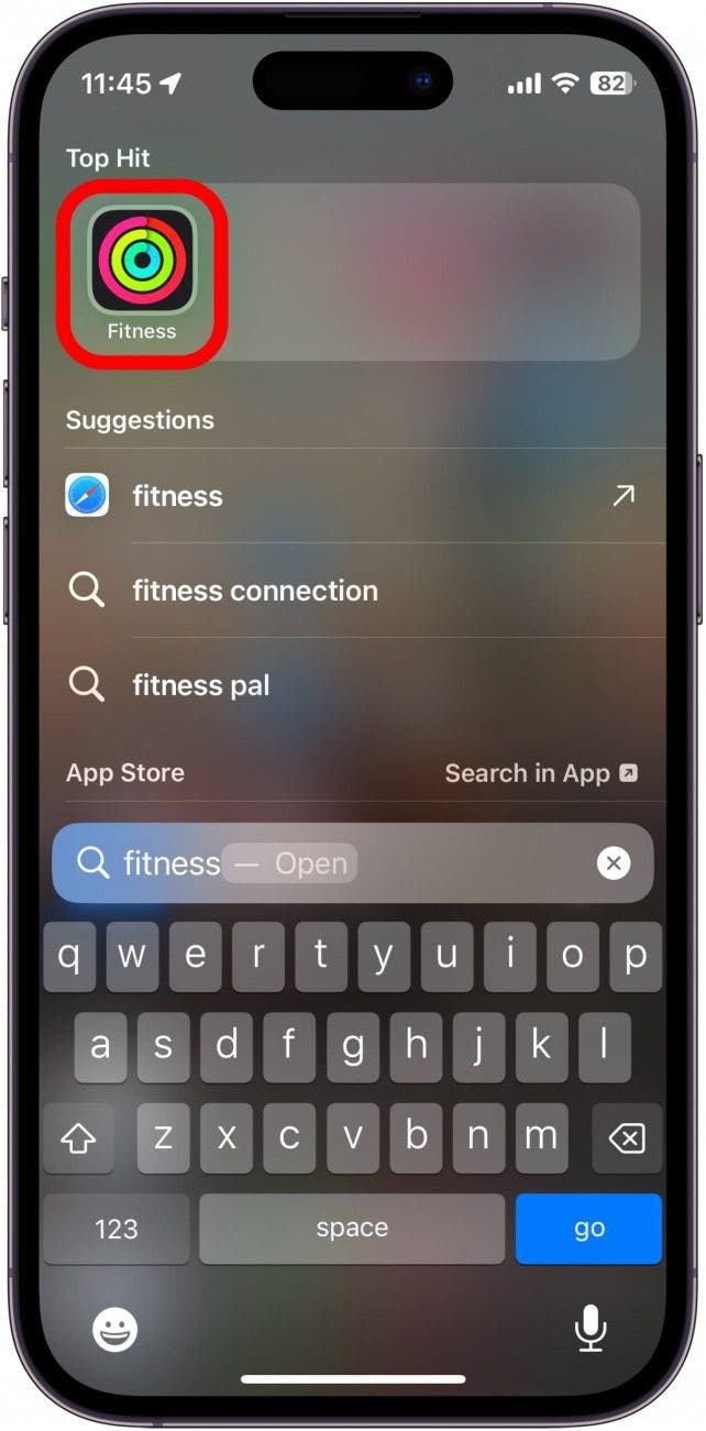 iphone spotlight search result displaying the fitness app with a red box around the app