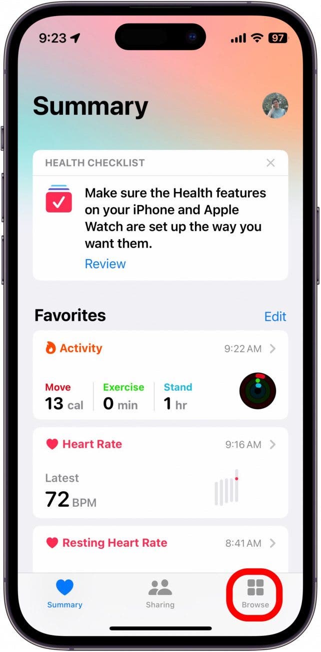 iphone health app with browse tab circled in red