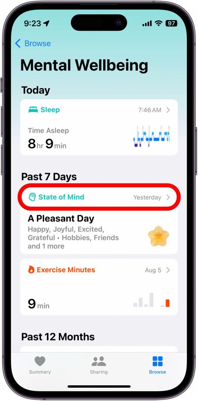 iphone health app, mental wellbeing section with state of mind option circled in red