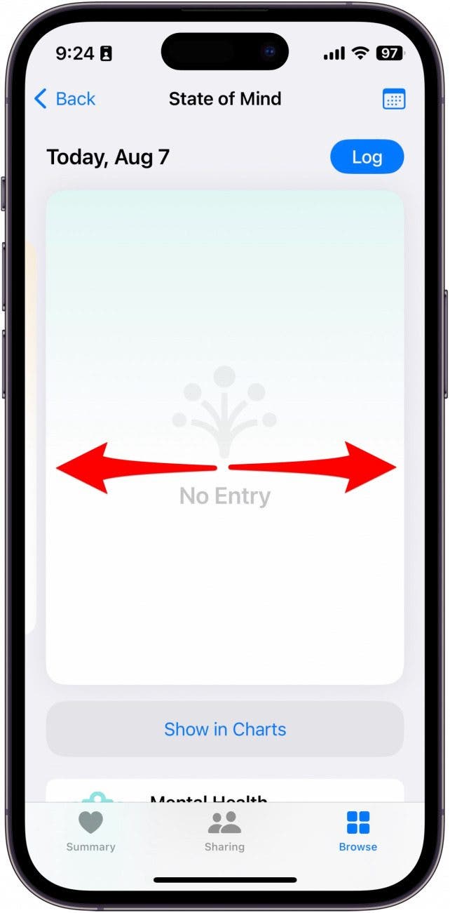 iphone health state of mind log with red arrows pointing left and right, indicating to swipe left or right