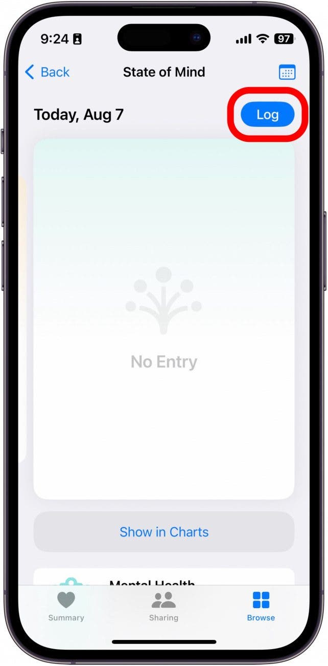 iphone health state of mind log with log button circled in red