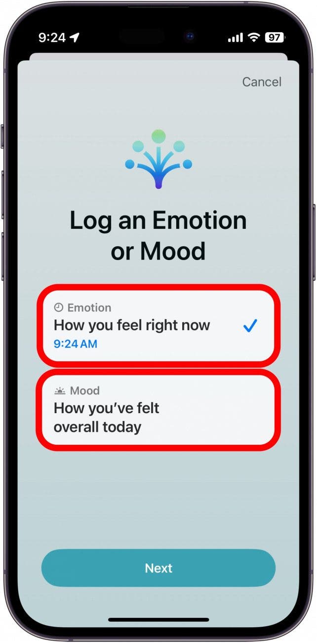 iphone health app mood log with two options circled in red: log how you feel now or how you've felt all day