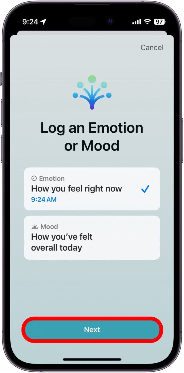 iphone mood log with next button circled in red