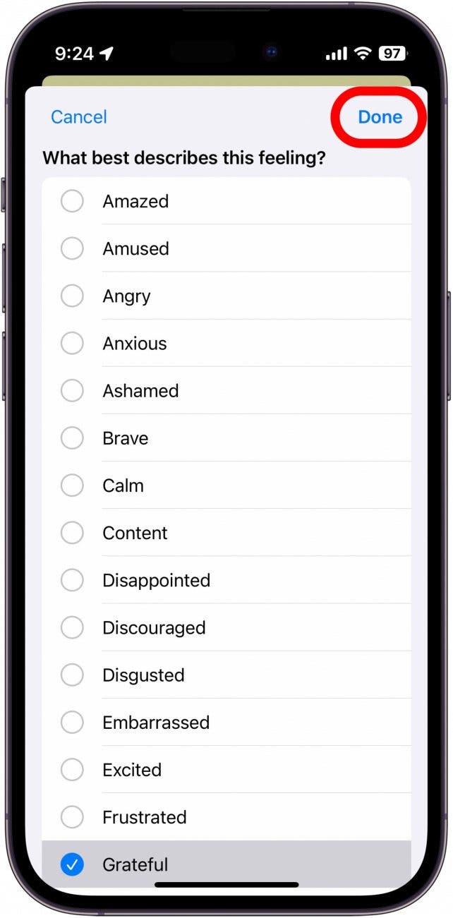 iphone mood log showing list of emotions with done button circled in red