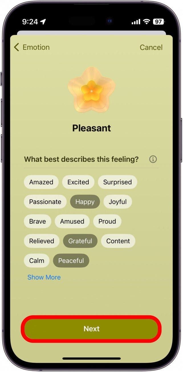 iphone mood log with different emotions selected and next button circled in red