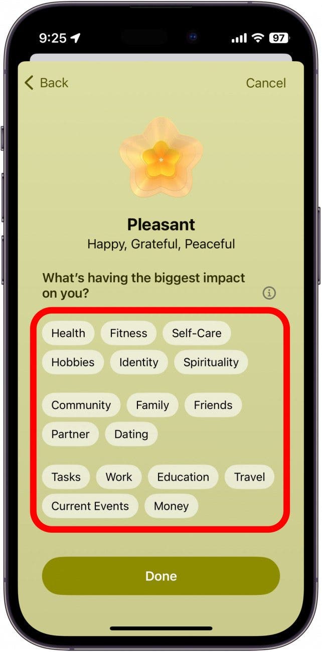 iphone mood log asking what impacted emotions with a group of different options