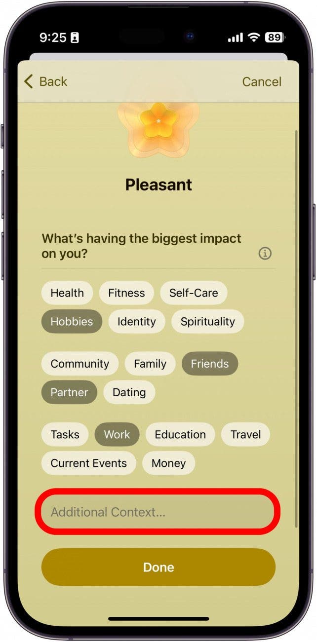iphone mood log with different impacts selected and additional context button circled in red