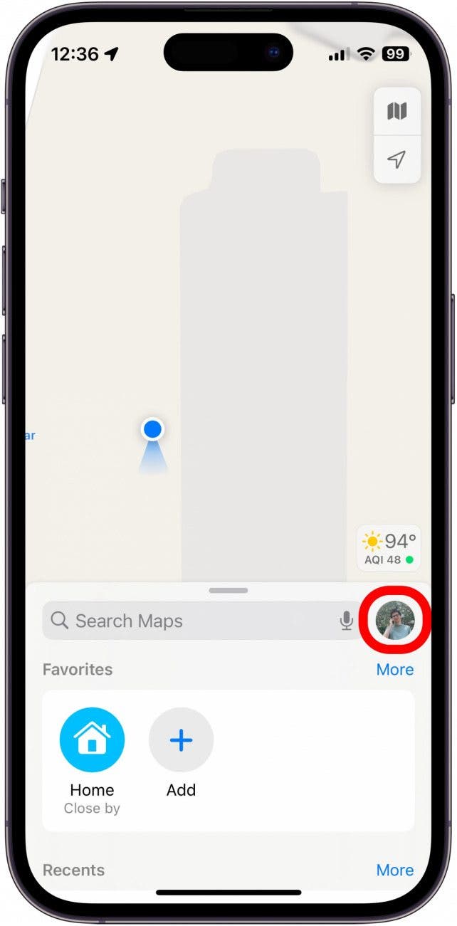 apple maps with profile icon circled in red