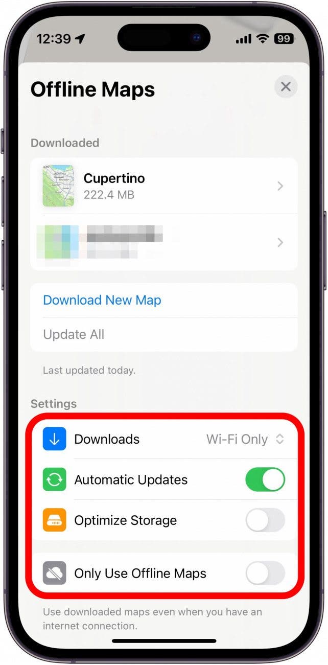 apple maps offline maps with additional settings circled in red