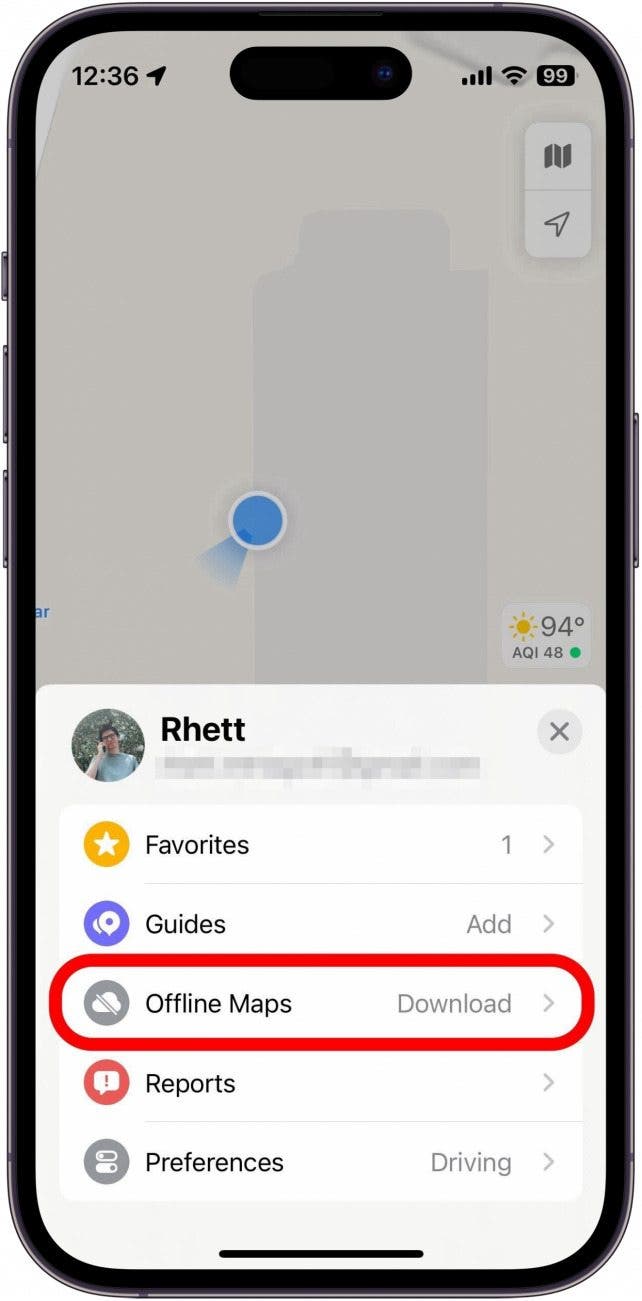 apple maps menu with offline maps option circled in red