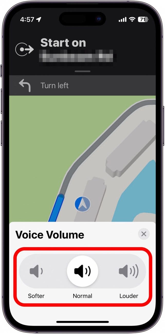 apple maps voice volume settings with volume level options circled in red (softer, normal, and louder)