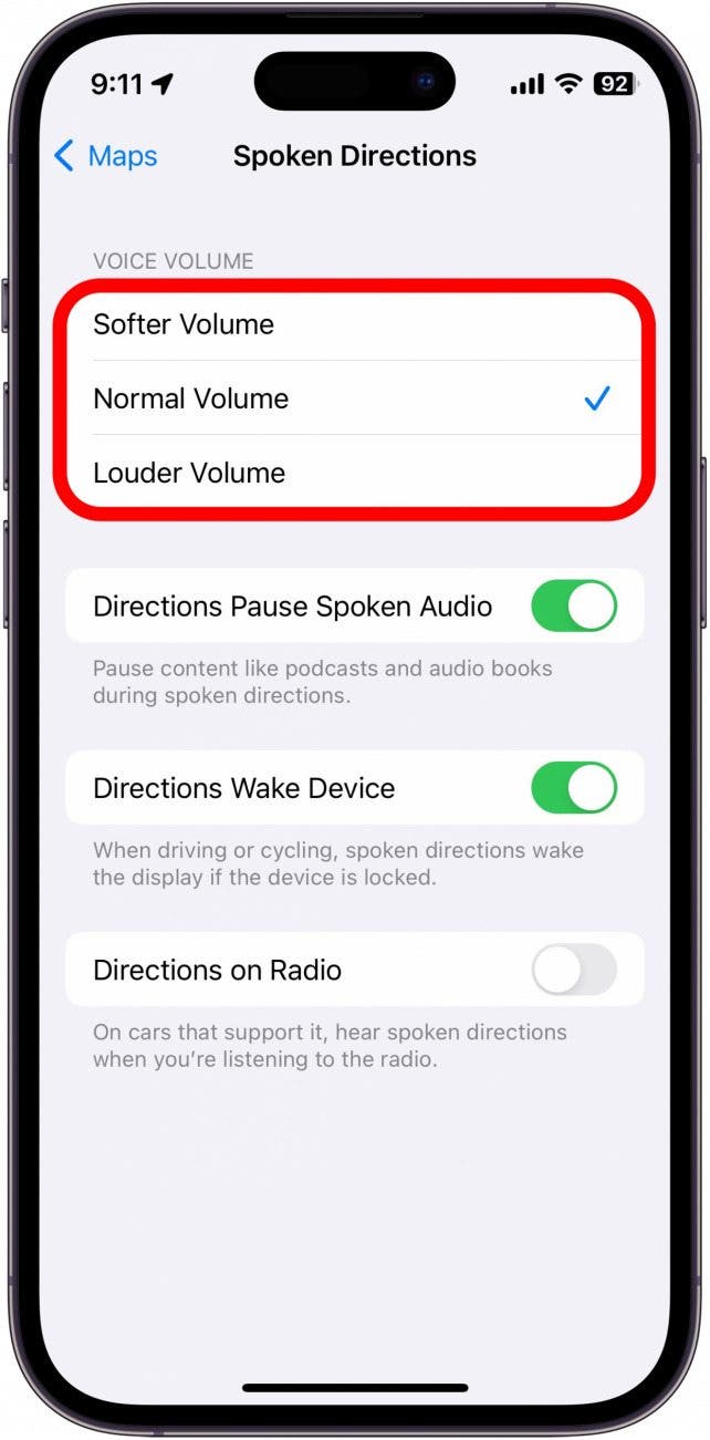 iphone spoken directions settings with voice volume options circled in red (softer, normal, and louder)