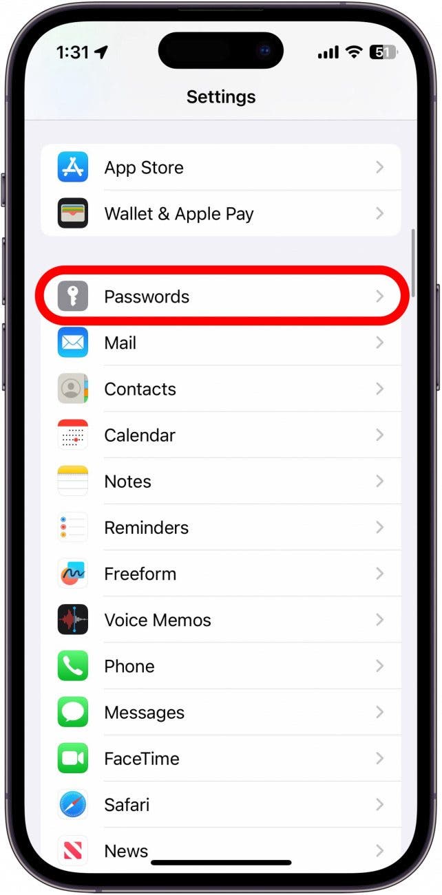 iphone settings with passwords option circled in red