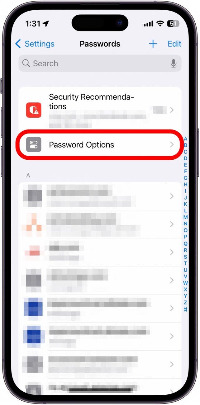 iphone password settings with password options button circled in red