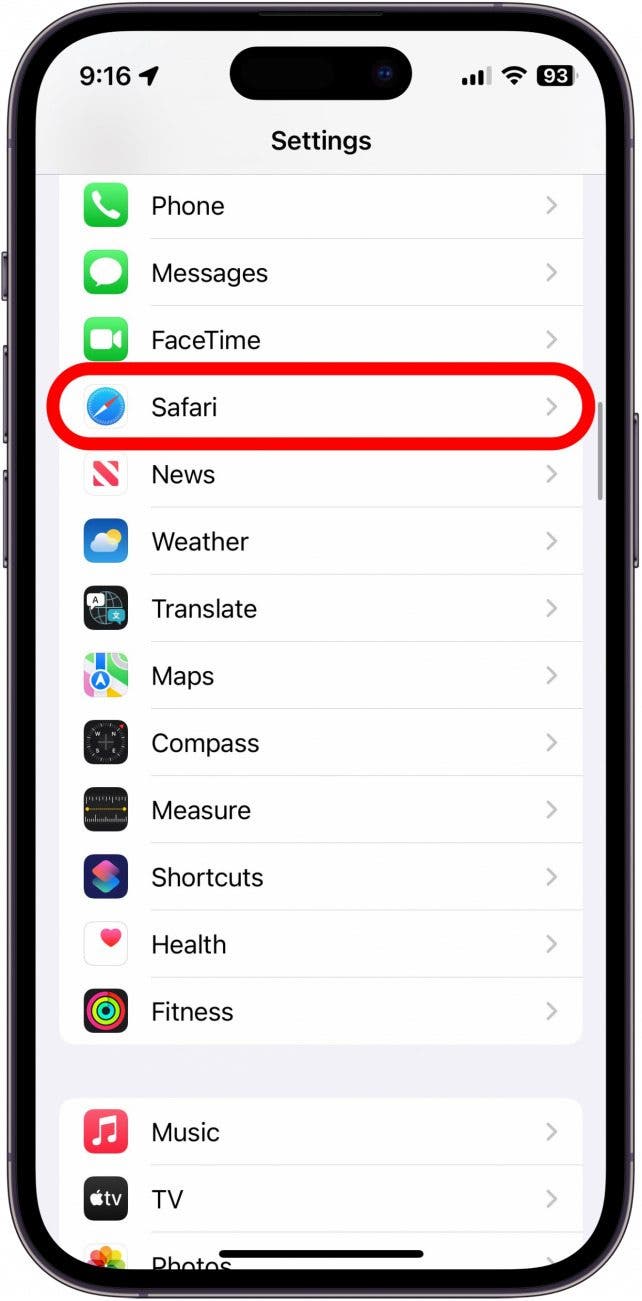 iphone settings with safari circled in red