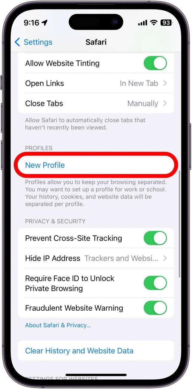 iphone safari settings with new profile button circled in red