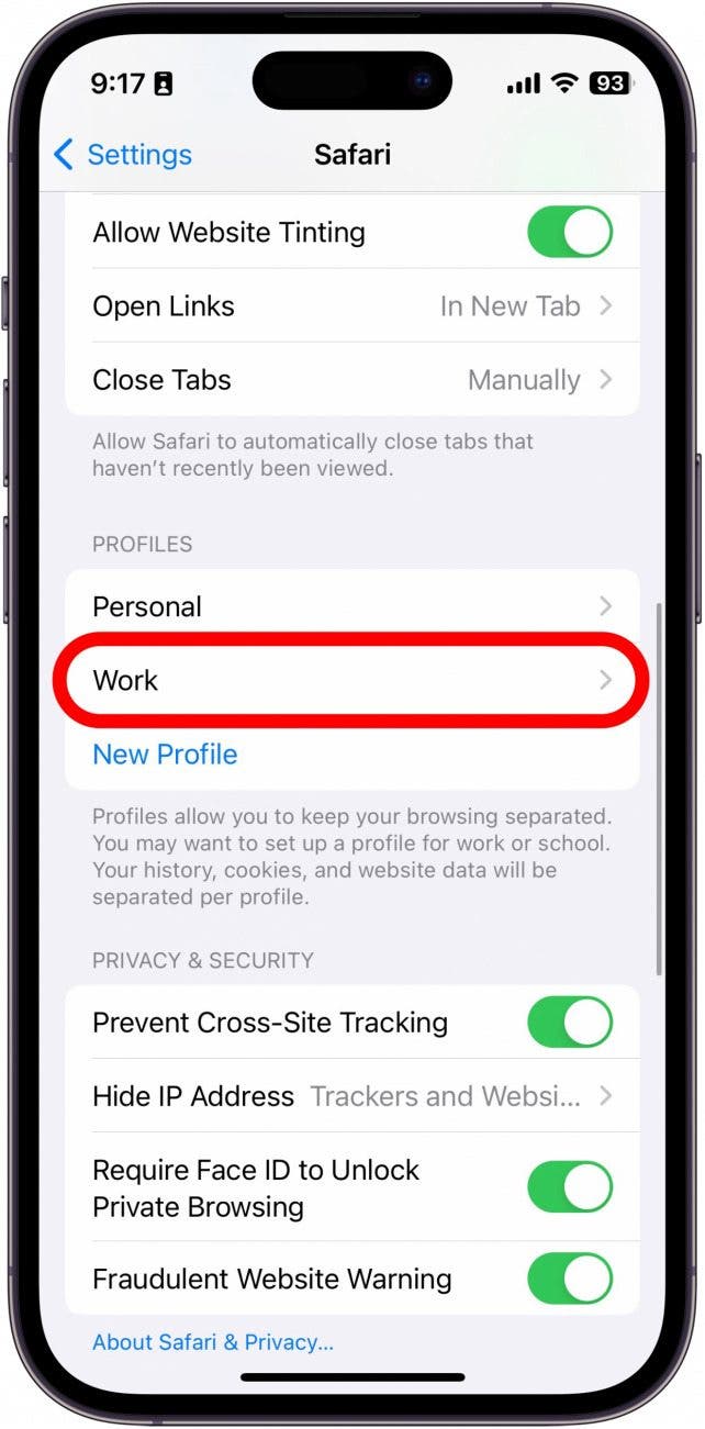 iphone safari settings with work profile circled in red