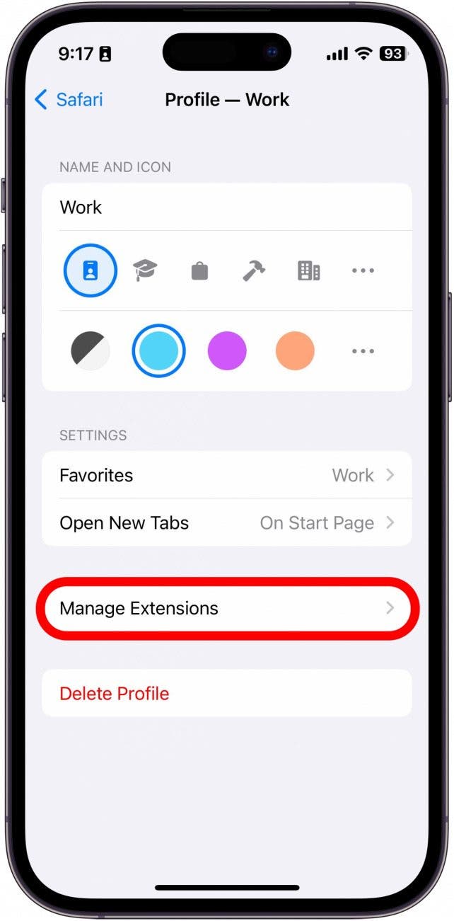 safari profile settings with manage extensions button circled in red