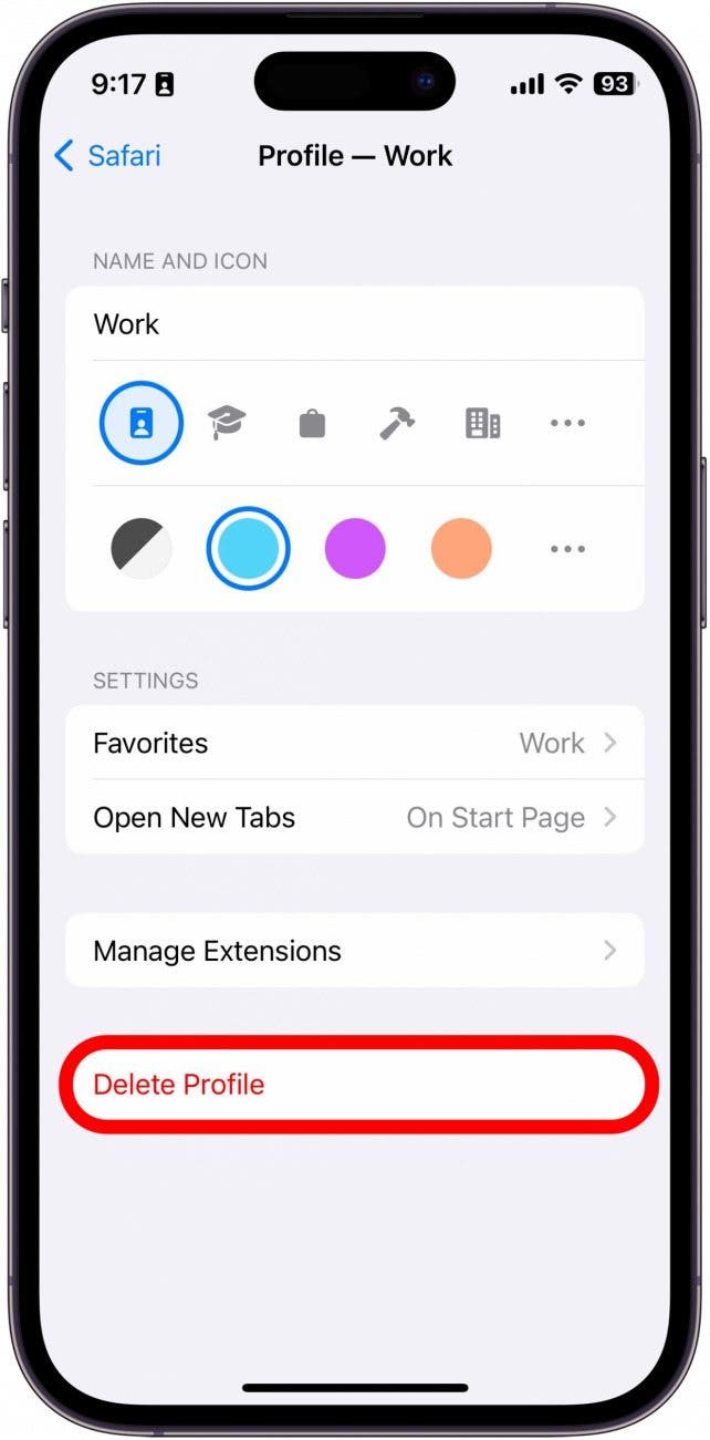 safari profile settings with delete profile button circled in red