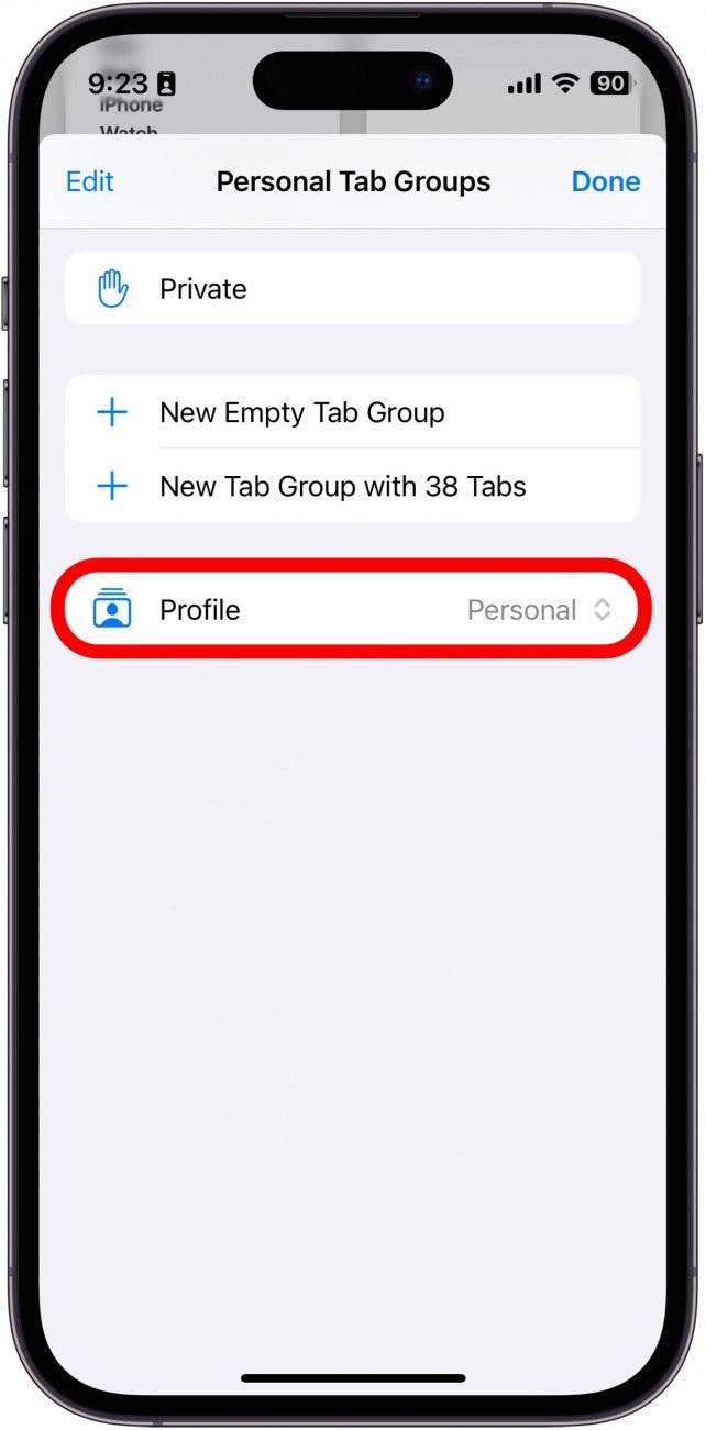 safari tab groups settings with profile button circled in red