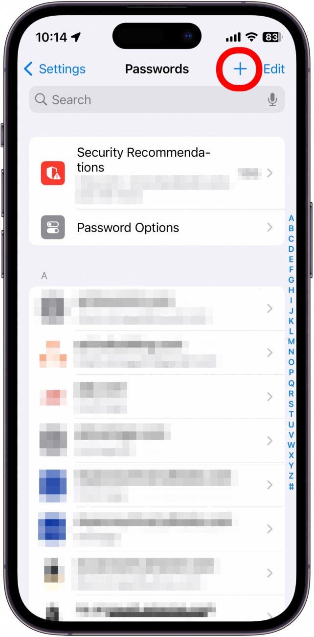 iphone password settings with plus icon circled in red