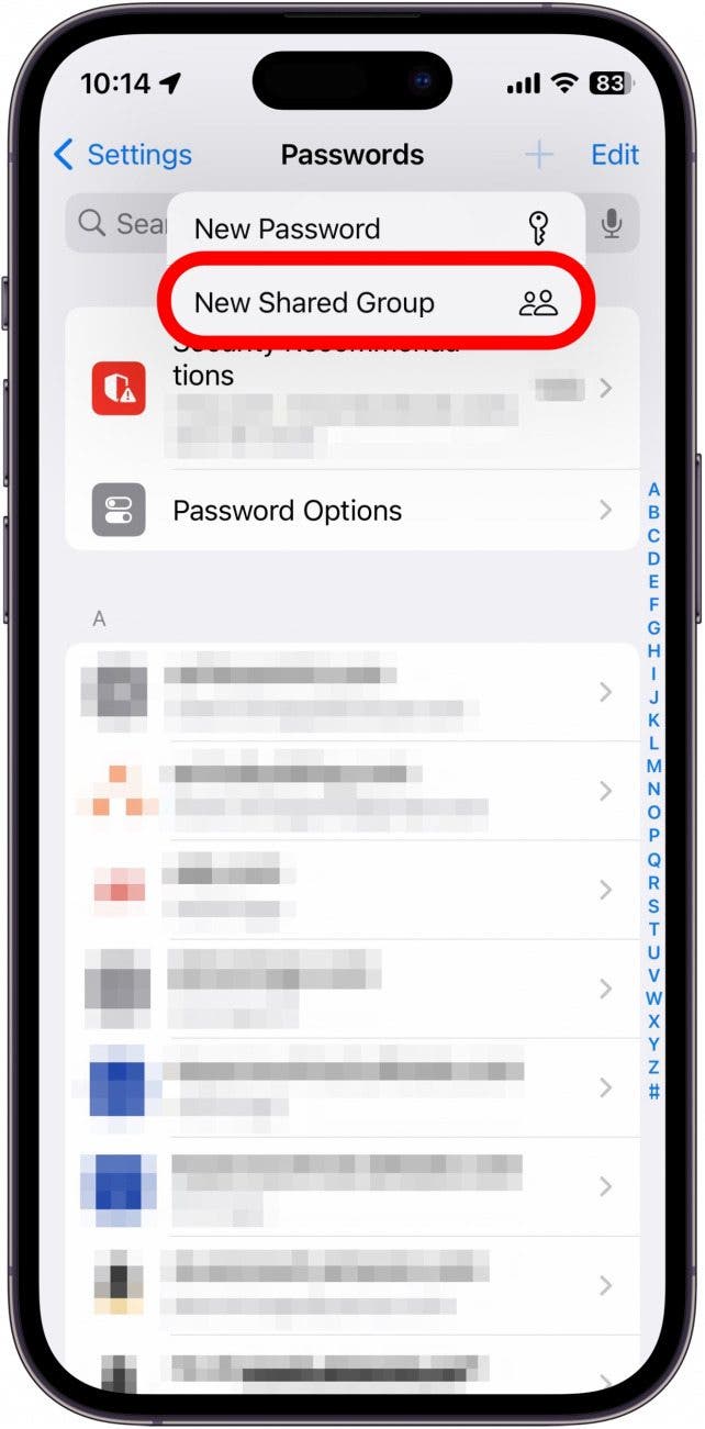 iphone password settings with new shared group button circled in red