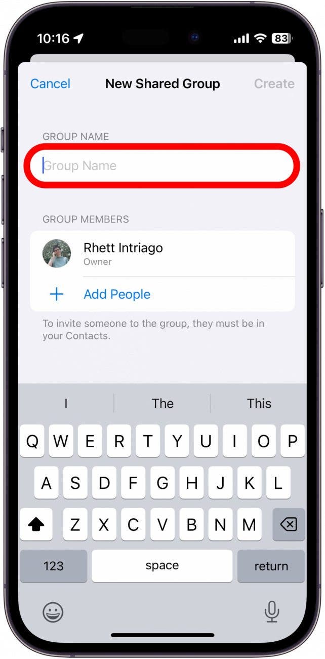 iphone create shared password group with group name circled in red