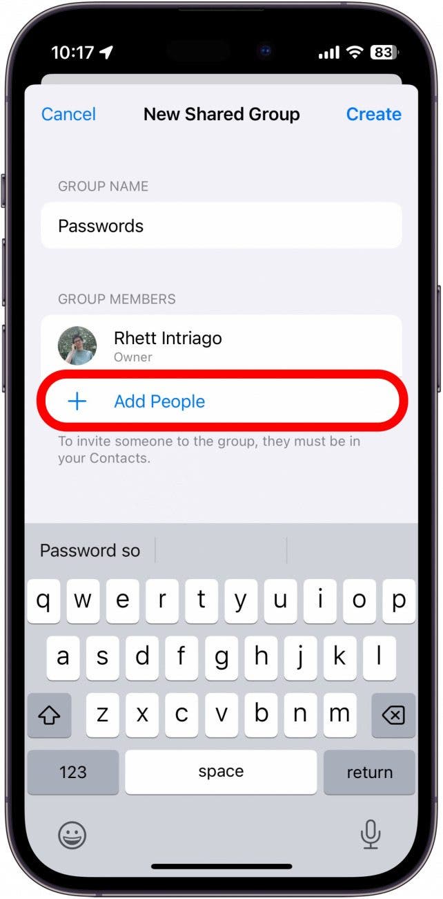 iphone create shared password group with add people button circled in red