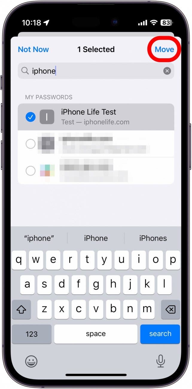 iphone create shared password group with move button circled in red