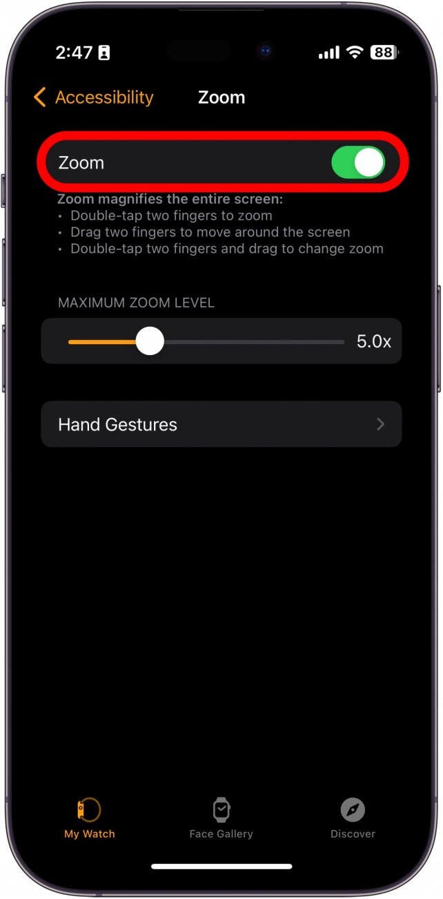 iphone watch app zoom settings with red circle around a green toggle for enabling and disabling zoom